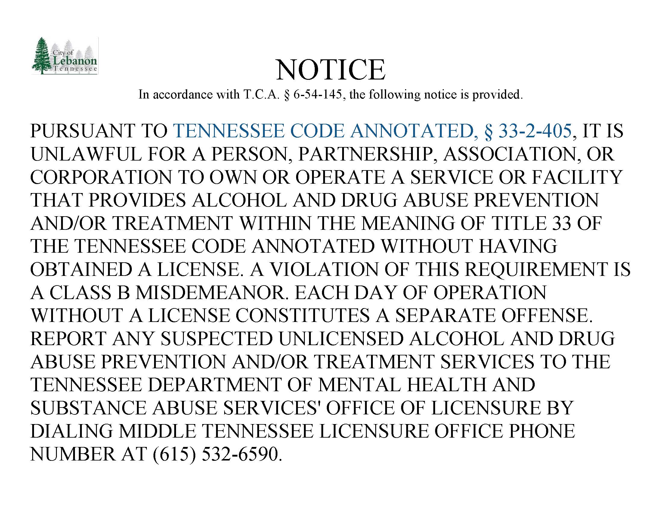 Municipal Treatment Facility Sign required by TCA 6-54-145